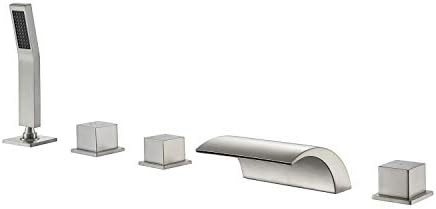 Hanallx Roman Tub Filler Waterfall Tub Faucet Brushed Nickel Deck Mount Bathtub Faucets Brass Bathroom Faucets with Handheld Shower