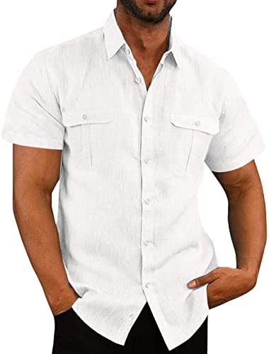 Mens Summer Shirt, Casual Solid Color Henley Collar T-Shirt Hawaiian Regular Short Sleeve Tops Men Shirts with Pockets