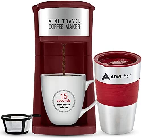 AdirChef Single Serve Mini Travel Coffee Maker & 15 oz. Travel Mug Coffee Tumbler & Reusable Filter for Home, Office, Camping, Portable Small and Compact for Fathers Day (Ruby Red)
