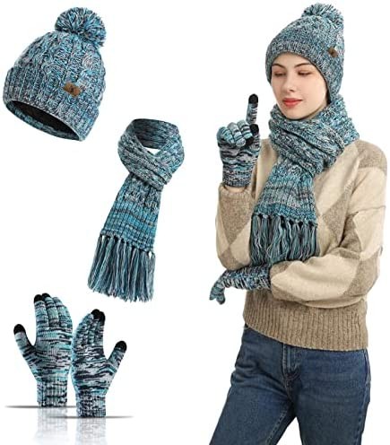 3 in 1 Winter Beanie Hat Neck Warm Scarf and Touch Screen Gloves Set for Women and Men,Knit Cap Set
