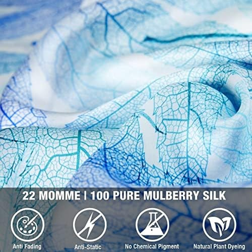 FELYSILK King Blue Leaf Pattern Silk Pillowcase for Hair and Skin 20"x36", 22 Momme Mulberry Silk Pillow Cases with Zipper