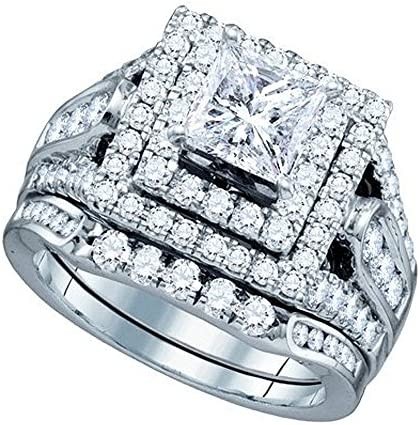 Dazzlingrock Collection 2.42 Carat (ctw) 14K Round And Princess White Diamond Ladies Engagement Ring Matching Band Set, White Gold