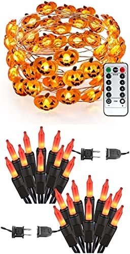 Brizled 40 LED Pumpkin Halloween String Lights with Remote + 69.6ft 300 Count Orange Halloween Lights String Connectable