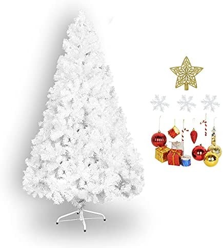 Dporticus 6' Artificial Christmas Pine Tree W/Solid Metal Stand， 800 Tips Full Tree White