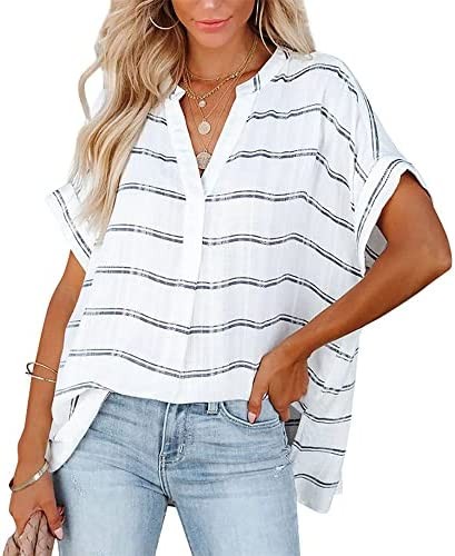 Womens Summer Split V Neckline Blouses Loose Short Sleeve Shirt Cuffed Sleeve Tunic Tops for Women