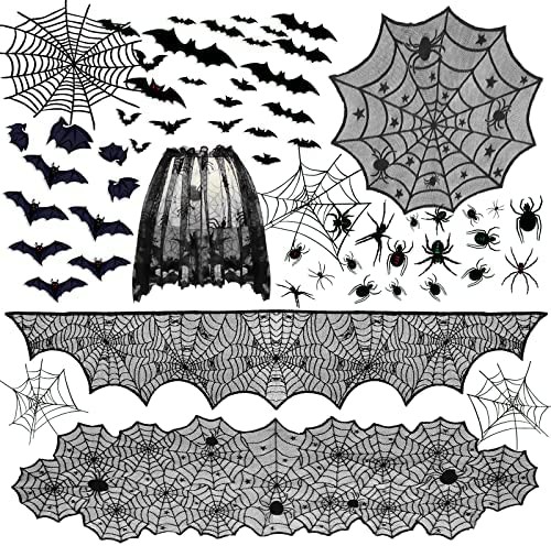 98PCS Halloween Decorations Indoor, Halloween Spider Web Lace Mantel Scarf, Table Covers and Lampshade, 3D Bats, Spider and Spider Web Sticker for Halloween Decor