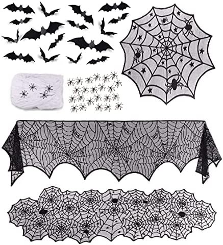 Halloween Decorations 6 Props Table Decor, Spider Web Tablecloth, Cobweb Mantel Scarf and Table Runner, 3D Bats Stickers, Stretchy Cobwebs Pack with Spiders, Home Decor for Party Office Sago Brothers