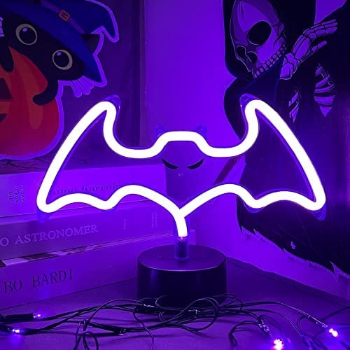 Purple Bat Neon Sign with Base, Halloween Decoration LED Bat Neon Light Signs Indoor Table Decor Neon Lamp USB or Battery Powered Bat Lights with Pattern for Halloween Party,Bar,Room Décor,Kids Gift