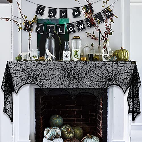 MACTING Halloween Cobweb Fireplace Scarf Decorations, 18 x 96 inch Mysterious Lace Spiderweb Mantle Lace Runner Festive Supplies for Halloween Christmas Party Door Window Decoration Black