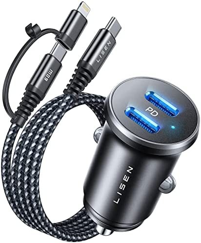 USB C Car Charger-LISEN [Dual PD 30W Fast Charging] Type C Car Cigarette Lighter USB Charger [3.3FT Nylon Braided C to C/L Cable] iPhone Car Charger Adapter for iPhone, Samsung, iPad, Google Pixel