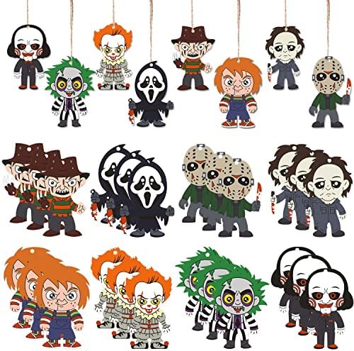 24 Pcs Halloween Wooden Hanging Ornaments Halloween Horror Movie Characters Hanging Ornaments Halloween Wood Hanging Signs Wooden Decors with Rope for Halloween Party Decoration
