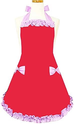 Hyzrz Cute Fashion Aprons for Women Girls Waitress Cooking Restaurant Kitchen Home Cooking Chef Bib Apron Dress Gift (Red)