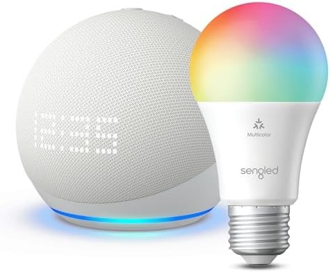 Echo Dot (5th Gen) with Clock | Glacier White with Sengled Smart Color Bulb