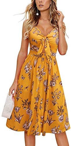 LAISHEN Womens Floral Sundress V Neck Tie Knot Front Spaghetti Strap Summer Dresses with Pockets 2023