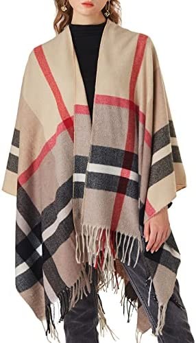 Women's Plaid Shawl Wrap Winter Warm Cardigan Open Front Poncho Cape