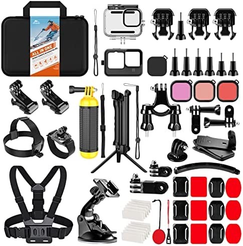 HONGDAK Action Camera Accessories Kit for GoPro Hero 11 10 9 Black, Waterproof Housing+Silicone Case+3-Way Adjustable Arm+Head Chest Wrist Strap+Bike Mount+Suction Cup+Floating Grip Bundle Set 63 in 1