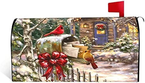 Christmas Cardinal Bird Winter Mailbox Cover Magnetic Waterproof Mailbox Wraps Post Letter Box Garden Yard Outdoor Decorations 21x18 in