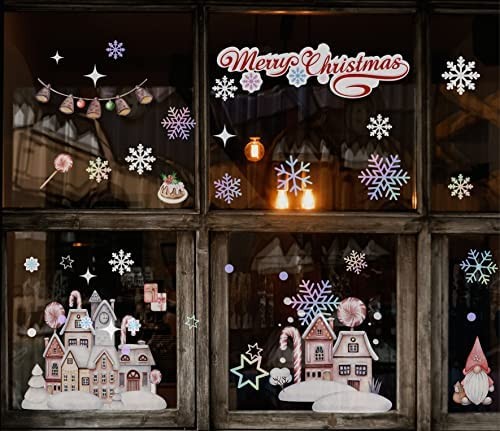 Christmas Window Clings Stickers - Holograplic Snowflakes / white Stars / Gnome / Castle /Gifts / Balls Removable Xmas Family Christmas Decorations, Christmas home wall and window decals (Vintage Cast