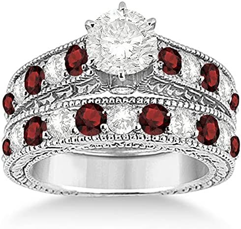 Antique Diamond and Garnet Bridal Gemstone Wedding Ring Set Hypoallergenic Palladium (3.12ct)