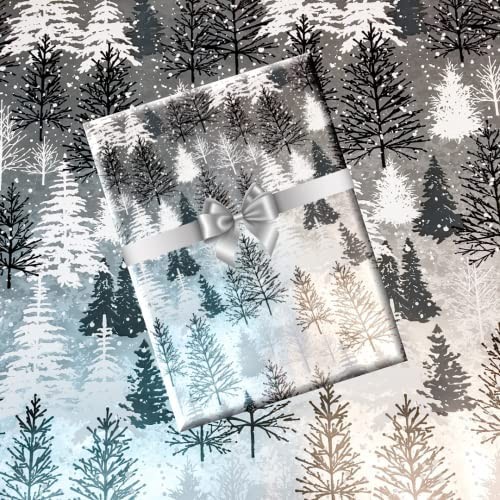 CakeSupplyShop Celebrations Metallic Winter Snow Mountain Tree Black & White Christmas Holiday Gift Wrap 24inch x 12ft Folded Wrapping Paper with Tags