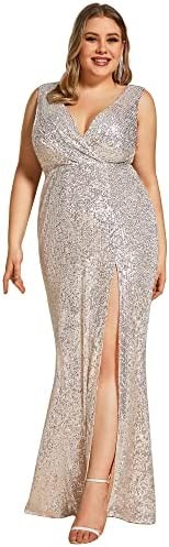 Ever-Pretty Women's Long Sleeve Plus Size Sequin Gown Side Slit Evening Gown 0824
