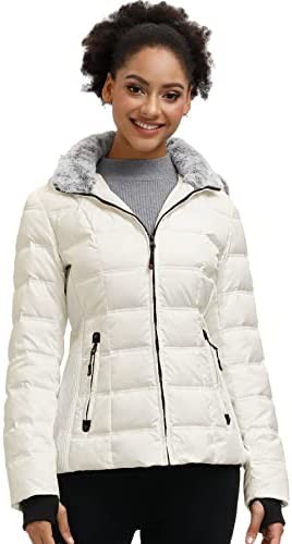 Women Midweight Winter Down Puffer Jacket, Warm Hooded Winter Down Jacket for Women with Faux-Fur Hood & Collar
