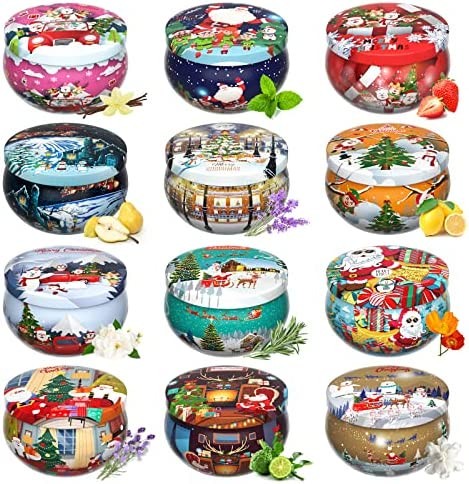Christmas Candles Gifts Set for Women, Primevolve Scented Candles for 12 Home Aromatherapy, Strongly Fragrance Long Lasting Portable Travel Tin for Spa Bath Yoga