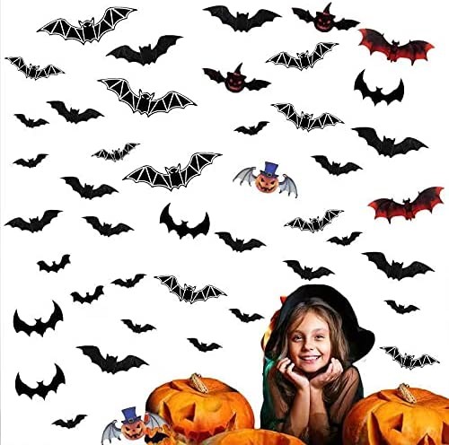 Halloween Bats Decoration,64 Pcs 3D Bat Halloween Decoration Stickers for Home Decor Waterproof Black Spooky Bats for Room Decor(Style 2~64pcs)