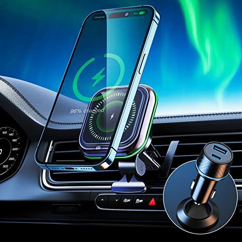 Magnetic Wireless Car Charger, Wireless Charger Car Vent Mount for 15W Quick Charging, Mag-Safe Car Mount Charger, 45W USB PD Dual-Port Car Charger, Compatible with iPhone 14/13/12 Series