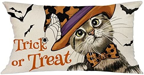 AACORS Halloween Throw Lumbar Pillow Cover 12X20 Trick or Treat Cat Bats Decorations Farmhouse Autumn Decorative White Cushion Case Decor for Home Sofa Couch