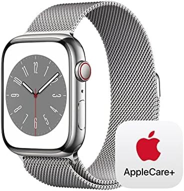 Apple Watch Series 8 [GPS + Cellular 45mm] Smart Watch w/ Silver Stainless Steel Case with Silver Milanese Loop with AppleCare+ (2 Years)