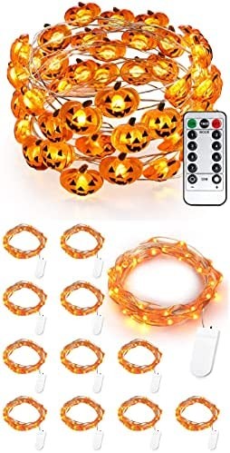 Brizled 40 LED Pumpkin Halloween String Lights with Remote + 12 Pack 20 LED Orange Halloween Fairy Lights