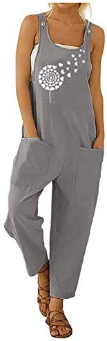 Women's Cotton Linen Jumpsuits Overalls Plus Size Wide Leg Loose Baggy Bib Pants Harem Rompers with Pockets