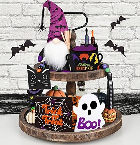 Halloween Tiered Tray Decor 5pcs Halloween Decorations Indoor Halloween Wooden Signs, Plush Gnome, I Smell Children, BOO, Trick Or Treat Signs Halloween Wood Bead Garland Halloween Home Decor