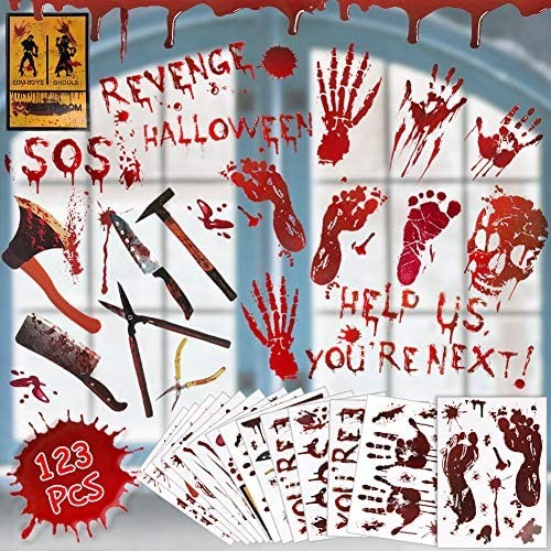 123 PCS Halloween Decorations Stickers Window Wall Floor Clings Bloody Handprints Footprints Decals Halloween Vampire Zombie Party Decorations Supplies
