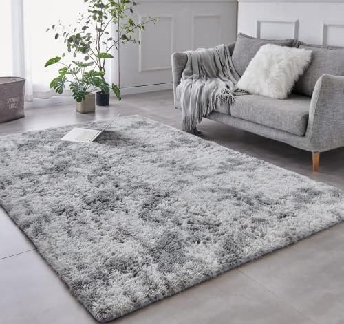 TABAYON Extra Large Shag Area Rug, 9x12 Feet Tie-Dyed Light Grey Indoor Ultra Soft Plush Rugs for Living Room, Non-Skid Modern Nursery Faux Fur Rugs for Home Decor