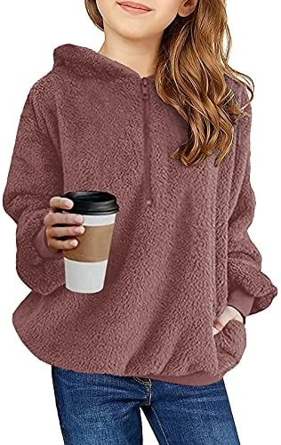 Ofenbuy Kids Girl's Fuzzy Hoodies Zipper Warm Loose Sherpa Hooded Sweatshirt Pullover With Pockets