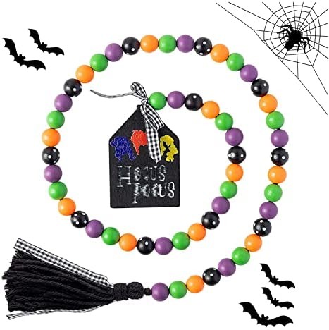 Halloween Wood Bead Garland Halloween with Tag Jute Rope Plaid Tassel Halloween Scary Hanging Home Decor Rustic Farmhouse Fall Tiered Tray Decor Prayer Bead Wall Hanging Halloween Party Decor