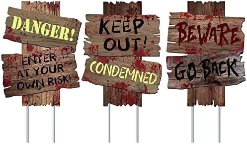 GABOSS Halloween Decorations Beware Signs Yard Stakes Outdoor Creepy Assorted Warning Sign,Scary Zombie Theme Party Decor Supplies,3 Pieces,12 Inch x 9 Inch