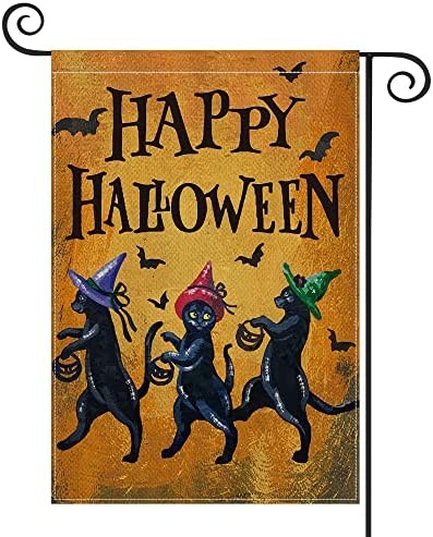 AVOIN colorlife Happy Halloween Garden Flag Double Sided, Witch Black Cat Party Small Yard Outdoor Decoration 12x18 Inch