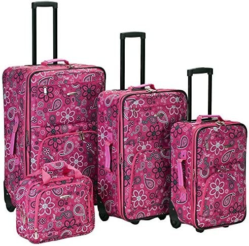 Rockland Impulse 4-Piece Softside Upright Luggage Set, Pink Bandana, (14/19/24/28)