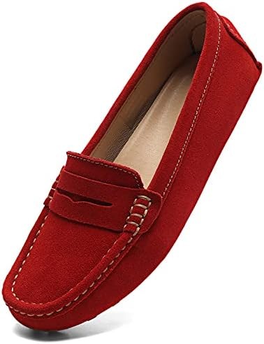 Osslue Women's Suede Leather Casual Penny Loafers Retro Ladies Moccasins Driving Mocs Comfort Slip-On Fashion Boat Shoes Classic Flats