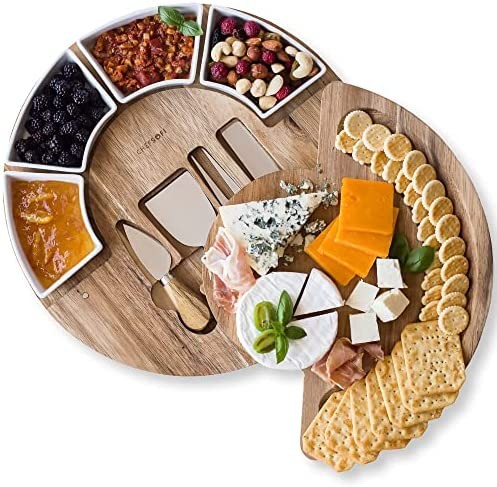 Cheese Board Set - Charcuterie Board Set and Cheese Serving Platter. US Patented 13 inch Meat/Cheese Cutting Board and Knife Set for Entertaining and Serving - 4 Knives and 4 Bowls Server Plate