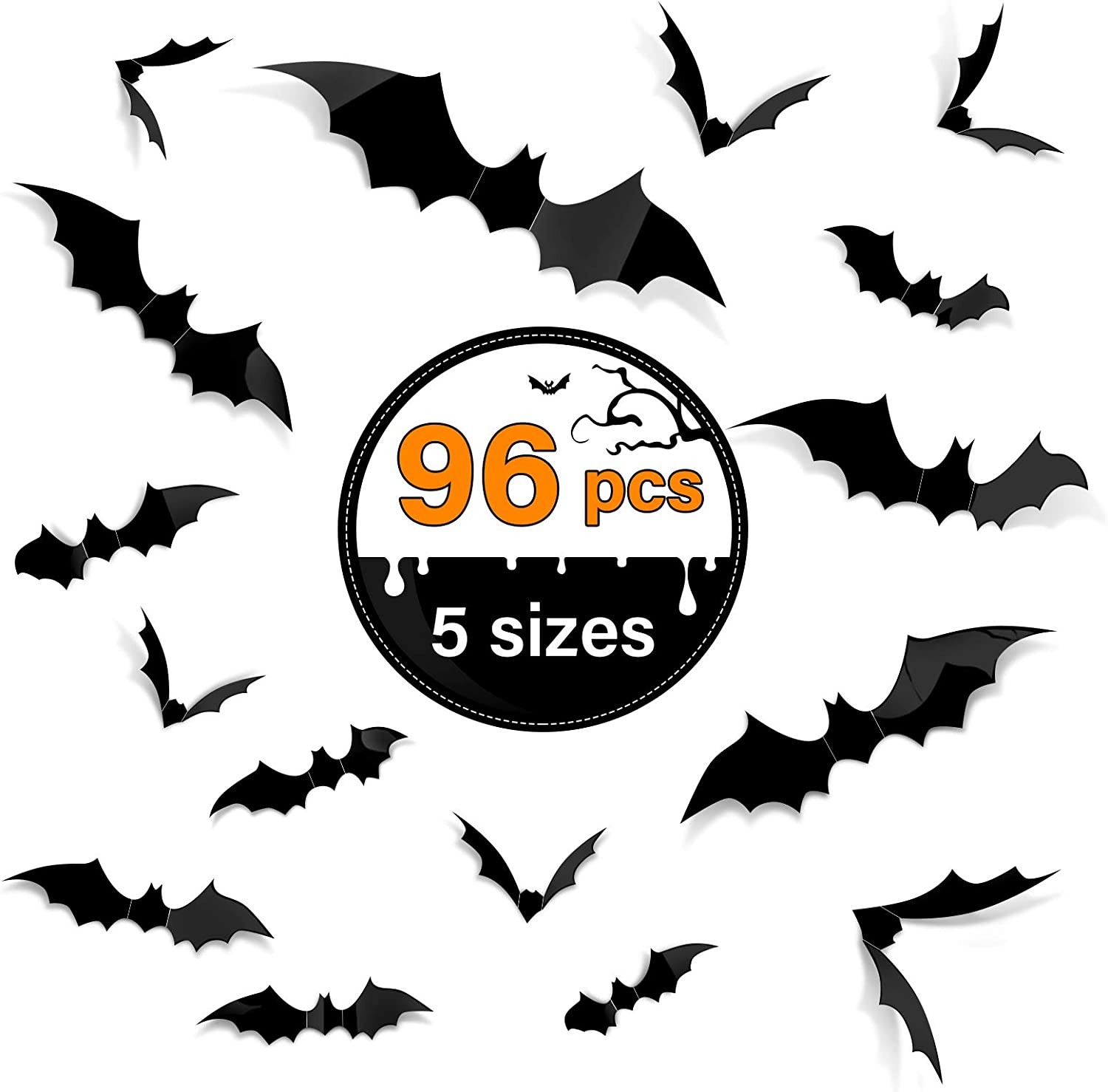 Kidtion 96 PCS Halloween 3D Bats 2021 Upgraded, 5 Different Sizes Halloween Decorations Indoor DIY Party Supplies, Realistic PVC Scary Black Bat Sticker, Bat Wall Stickers Decals, Party Supplies