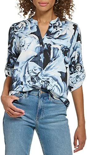 Calvin Klein Women's Essential Roll Tab Sleeve Longsleeve Printed Blouse