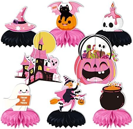Pink Halloween Honeycomb Table Centerpieces, 8PCS Cute Party Decorations for Halloween, Halloween Honeycomb Centerpieces Decorations, Ghost Pumpkin Party Supplies, Halloween Centerpieces for Tables