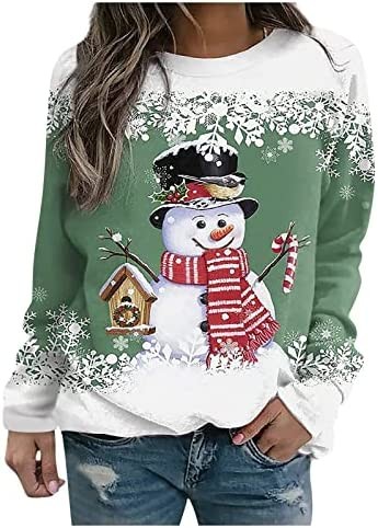 Women Christmas Sweatshirt 2022 Fall Christmas Print Long Sleeve Round Neck Pullover Shirts Dressy Casual Tee Shirts