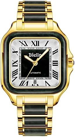 Diella Rectangle Mens Wrist Watch, Automatic Self Winding Watches for Men with Jade & Stainless Steel Watch, Roman Numerals Analog Watch with Date, Waterproof