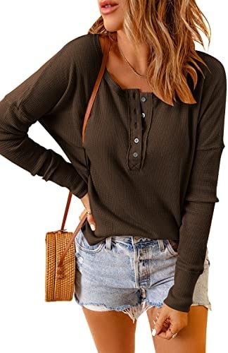 Beaully Women's Long Sleeve Henley Shirts Causal Crew Neck Button Waffle Knit Tops T Shirt