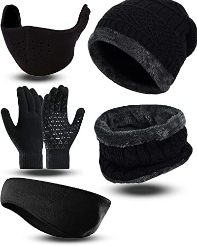 5 Pack Ski Warmer Set includes Winter Hat Scarf Warmer Gloves Outdoor Earmuffs Ear Warmer for Men Women